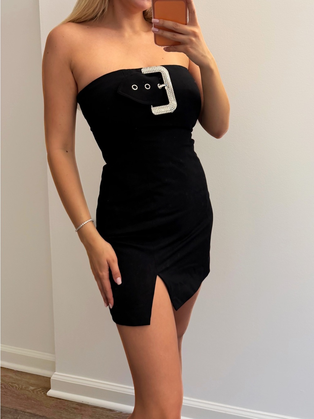 Fashion Nova Black Strapless Mini Dress with Rhinestone Buckle